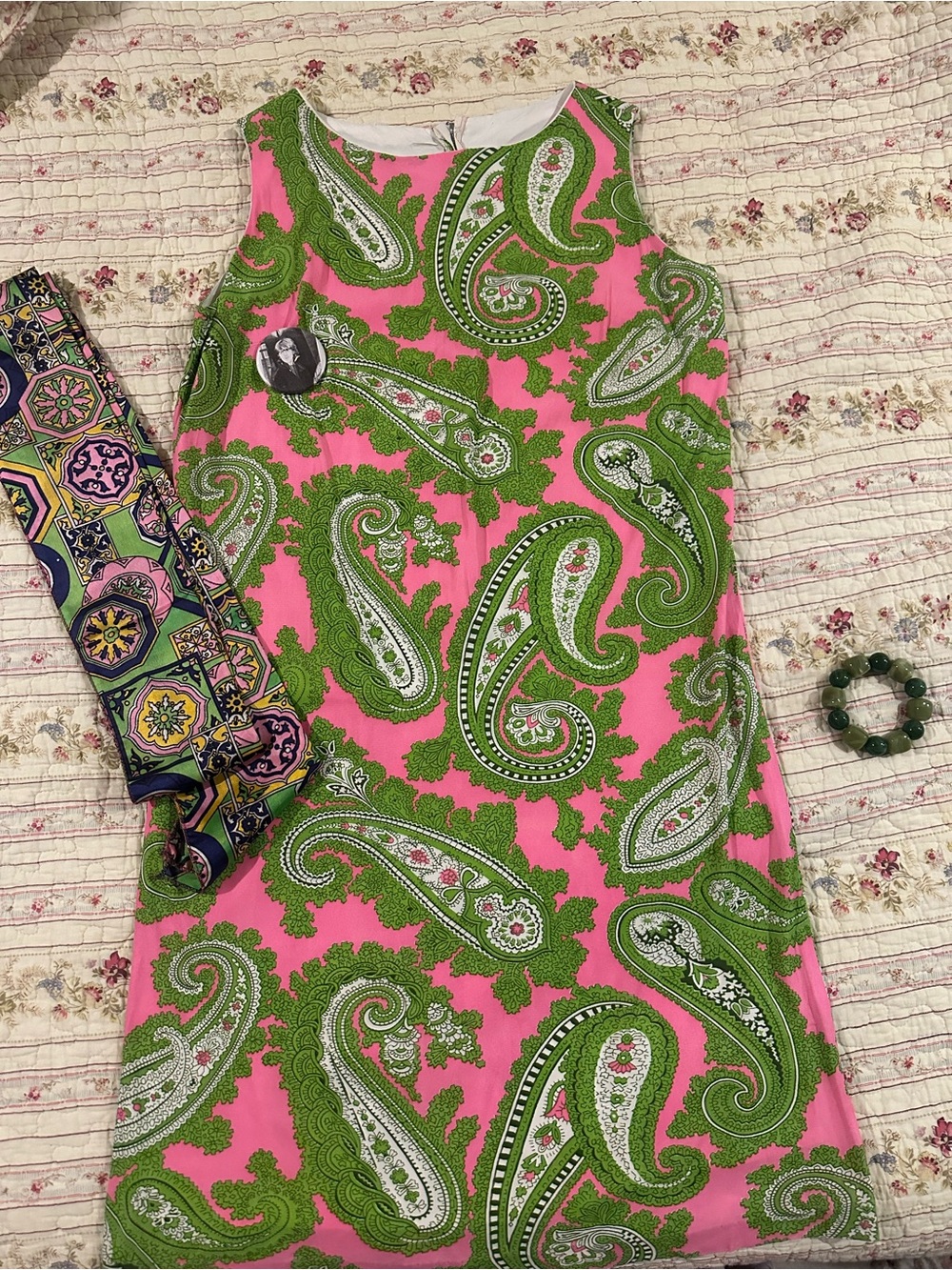 True Vintage 60s Mod Pink Green Paisley Shift Dress Psychedelic Dopamine Sz S/M